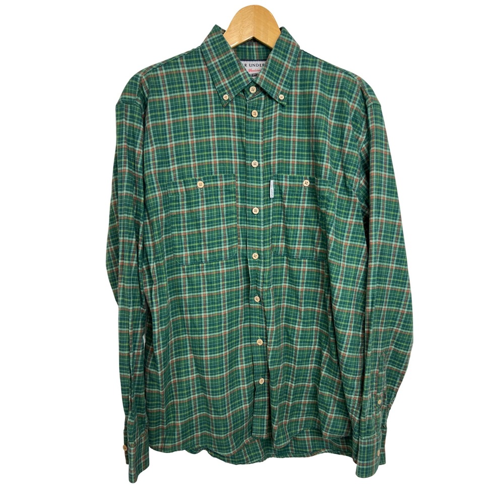 Over Under The Woodsman Mens L Green Plaid Flannel Button Down Shirt Hunting G06